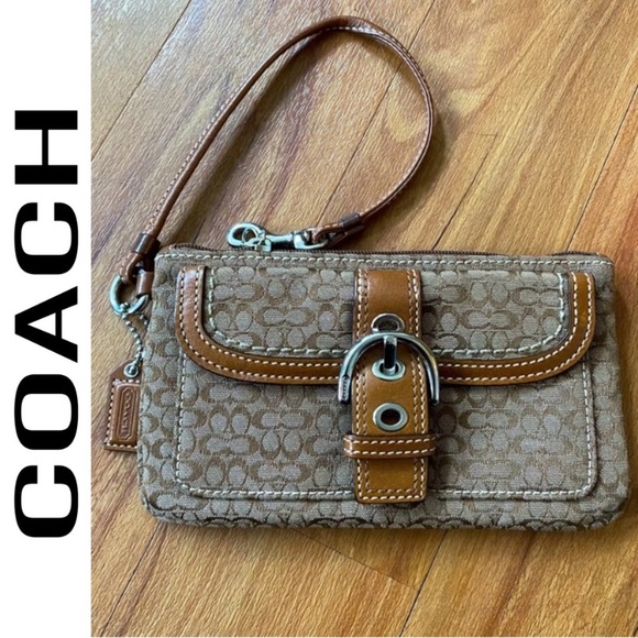 Classic Coach Clutch Wristlet with Buckle Accent Signature Logo Tan Brown - Picture 1 of 17